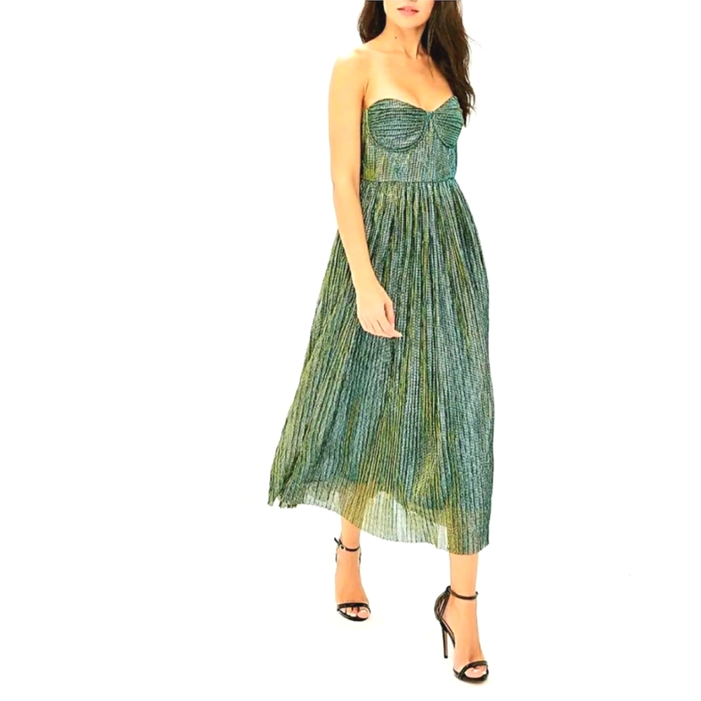 NWT Glamorous Collection Metallic Pleated Midi Dress Sz. 8